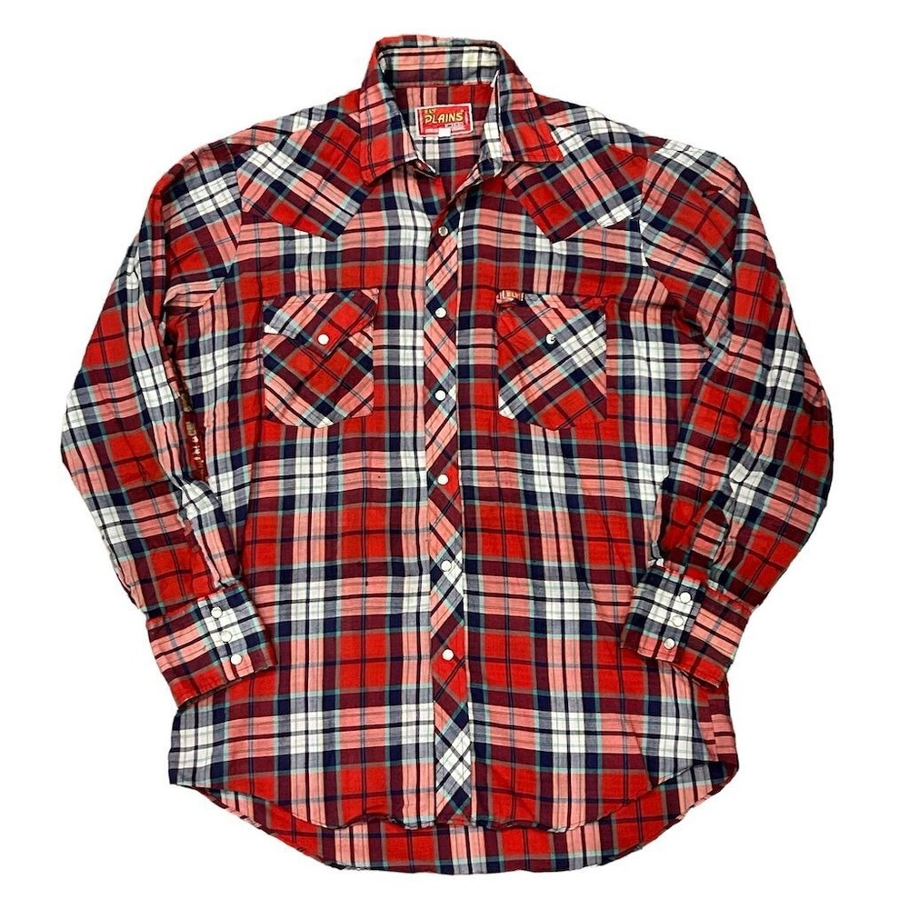 Vtg Ely Plains Men's Vintage western Plaid Snap Button-Up Shirt Red Size 15.5‎